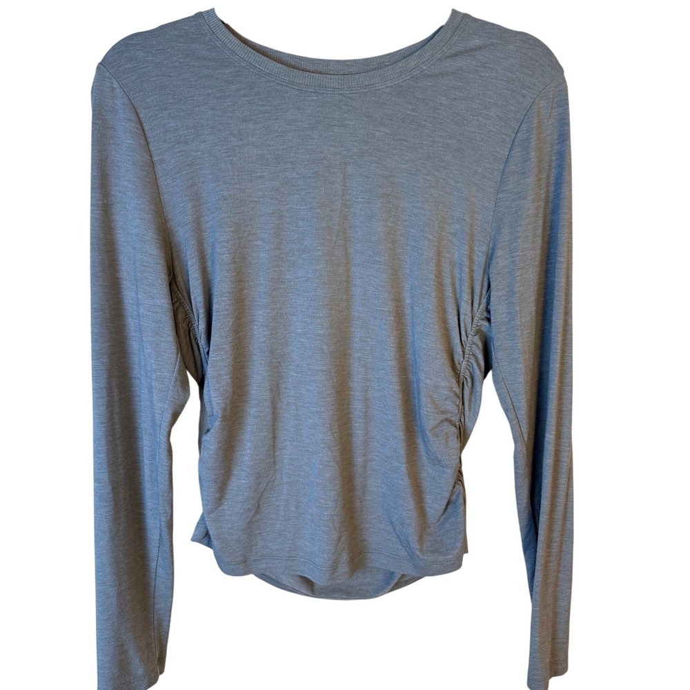 Athleta Womens Ruched Side Long Sleeve Top Blue Gray Heathered Crew Neck Size M